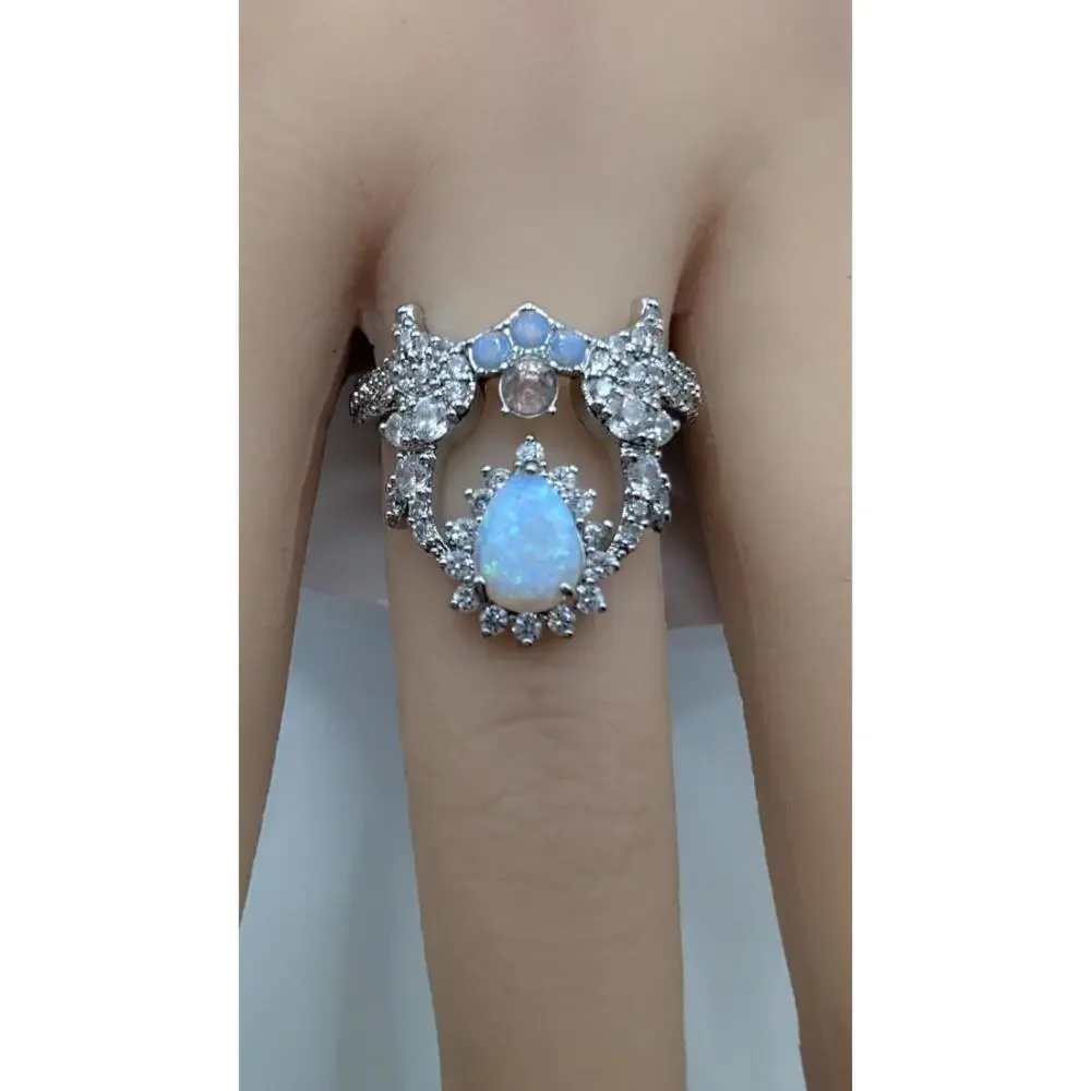Elegant Opal and Crystal Silver Ring Size 9